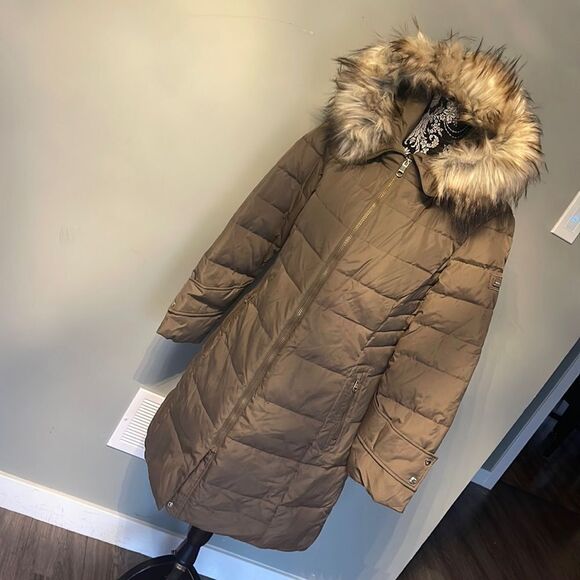 Calvin Klein Faux Fur Trim Down Parka Coat-TRUFFLE. NEW 36” - Picture 1 of 5